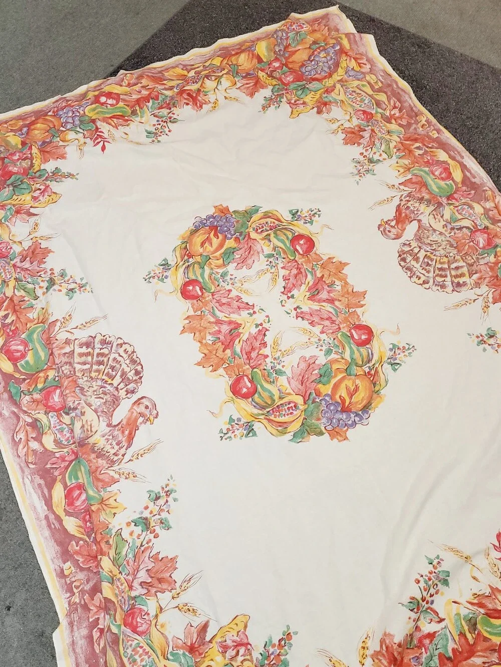 Vintage Thanksgiving Tablecloth Harvest Turkey Pumpkin Fruit 53
